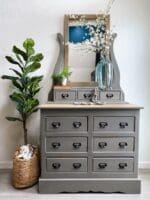 close up image of a dresser painted in gray brown MudPaint clay furniture paint