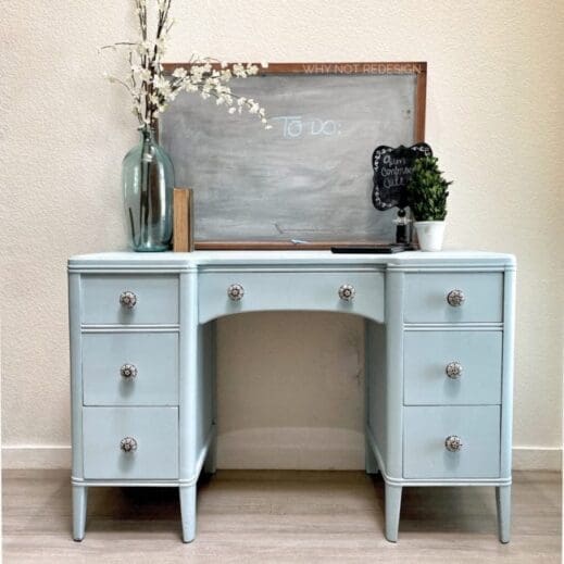 bureau dresser painted in light blue Mudpaint clay furniture paint