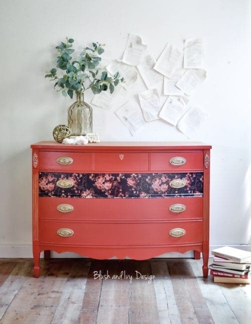 large dresser painted in orange red clay furniture paint