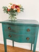 small night stand painted with teal clay furniture paint and then distressed with black furniture wax