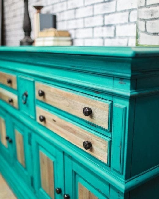 large dresser painted with turquoise clay furniture paint