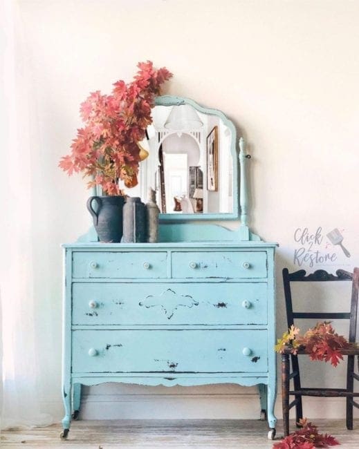 large dresser and mirror painted in mudpaint aqua clay furniture paint