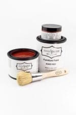 containers of dark red clay furniture paint by MudPaint