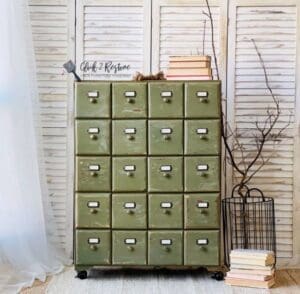 file cabinet painted in olive green moss clay furniture paint from MudPaint