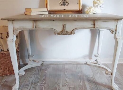 small desk painted in light pale blue neutral clay furniture paint from MudPaint