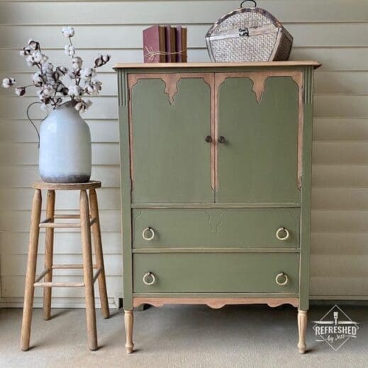 small dresser painted in olive green Moss Clay furniture paint from MudPaint