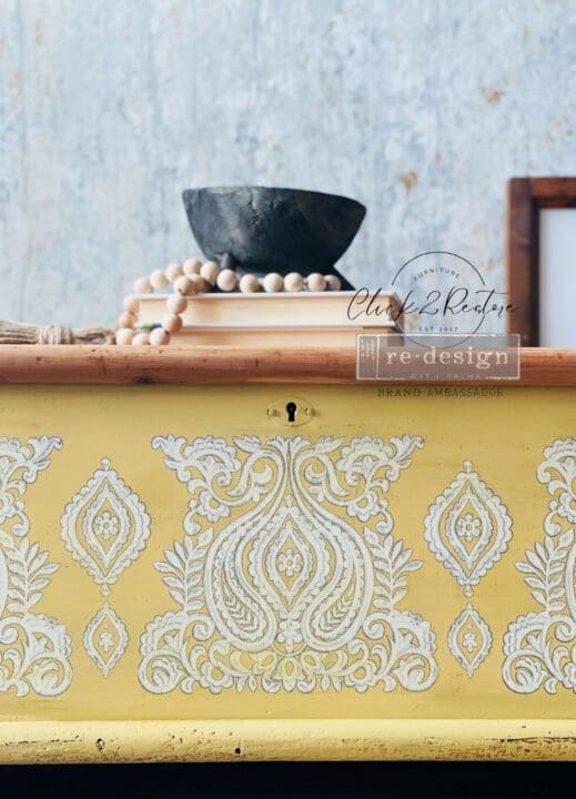 Large low rising end buffet bench painted in mustardy yellow golden butternut clay furniture paint by Mudpaint