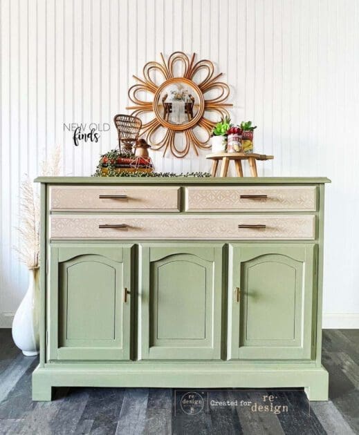 large breakfast hutch painted with light dusty and dusky sage green clay furniture paint by MudPaint