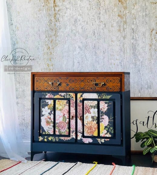 Stunning breakfast hutch painted in Charcoal dark grey clay furniture paint by MudPaint and imprinted with a floral decorative transfer