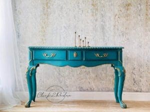 Elegant and decorative end table painted in dark turquoise jade clay furniture paint by Mudpaint