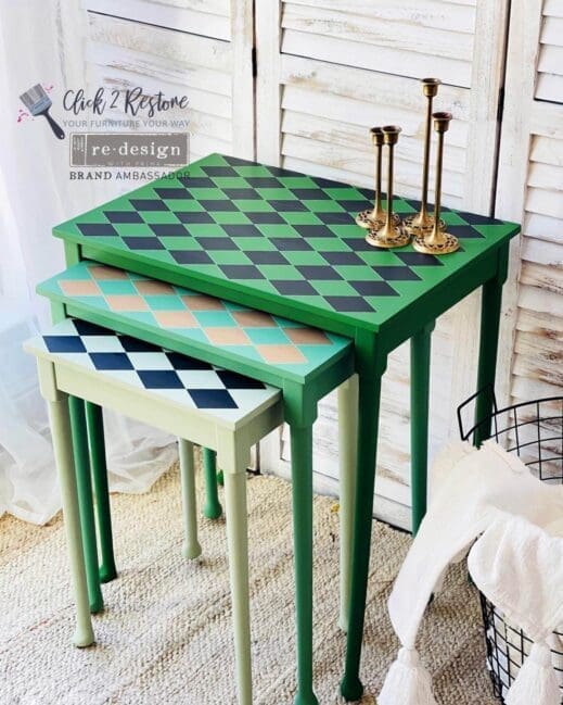 small set of tables painted in bright grassy green clay furniture paint by MudPaint