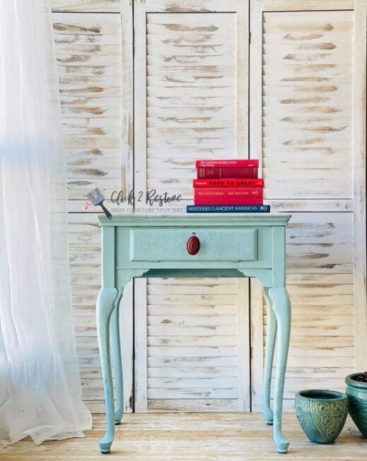 very small nightstand painted in light aqua mist clay furniture paint by MudPaint