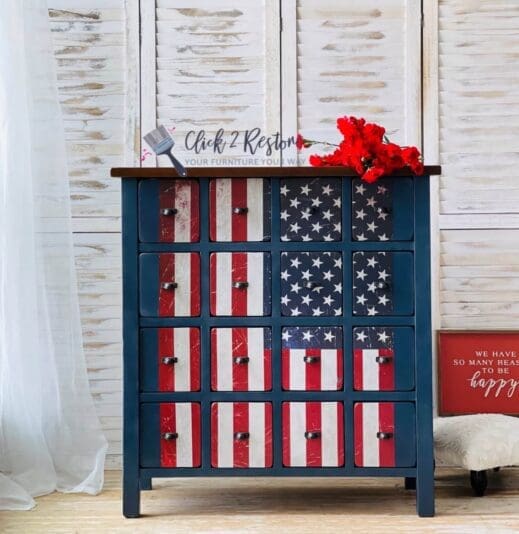 small chest of drawers painted in a patriotic fashion with MudPaint Clay furniture paint