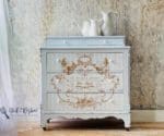 small antique dresser painted in very light blue clay furniture paint by MudPaint