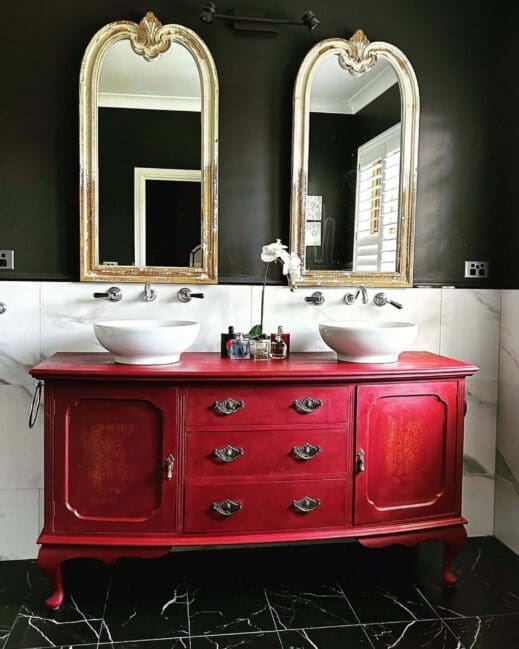 Stunning bathroom cabinets painted in burgundy wine red wind clay furniture paint by MudPaint