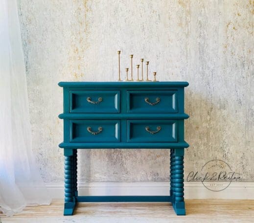 small elegant nightstand finished with gold hardware and teal harbor clay furniture paint by MudPaint