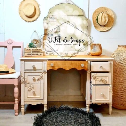 large dresser with mirror painted in soft pink petal clay furniture paint from MudPaint