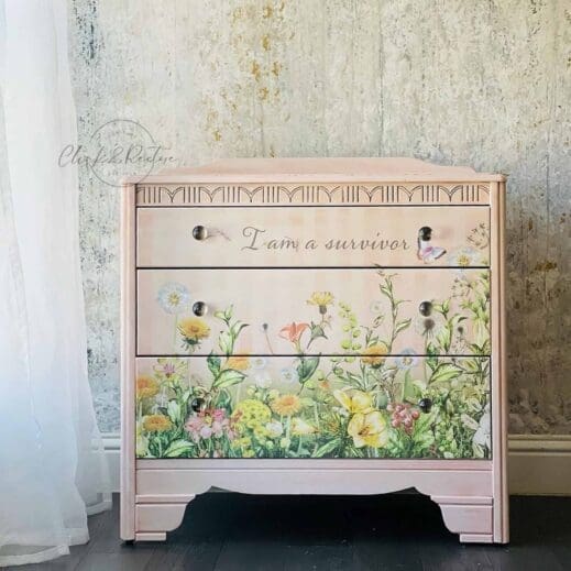 Large chest of drawers painted in light pink petal Clay Furniture Paint by MudPaint